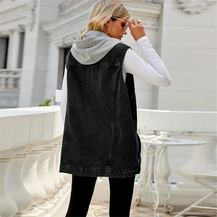 Women’s Relaxed Fit Sleeveless Denim Jacket with Hood