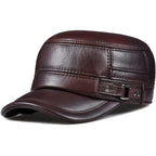 Cowhide Leather Ear-Warm Flat Cap – Vintage Winter Military Style-HighTouch