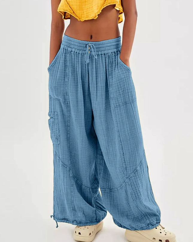 Beach Linen Wide-Leg Pants – High-Waist Palazzo Loose Harem Pants with Pockets