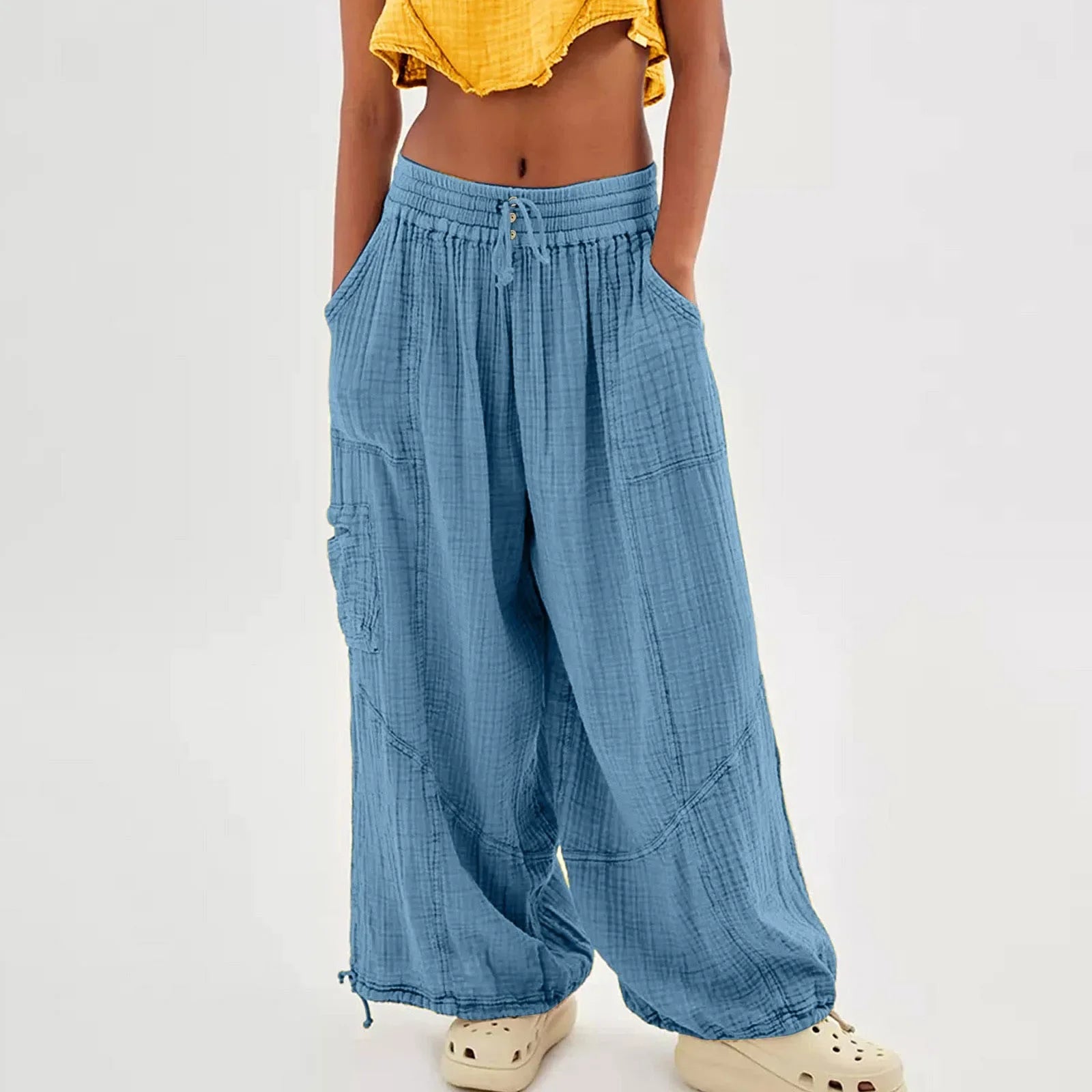 Beach Linen Wide-Leg Pants – High-Waist Palazzo Loose Harem Pants with Pockets