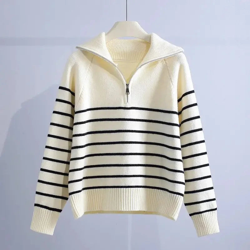 Striped Zipper Knitted Sweater-HighTouch