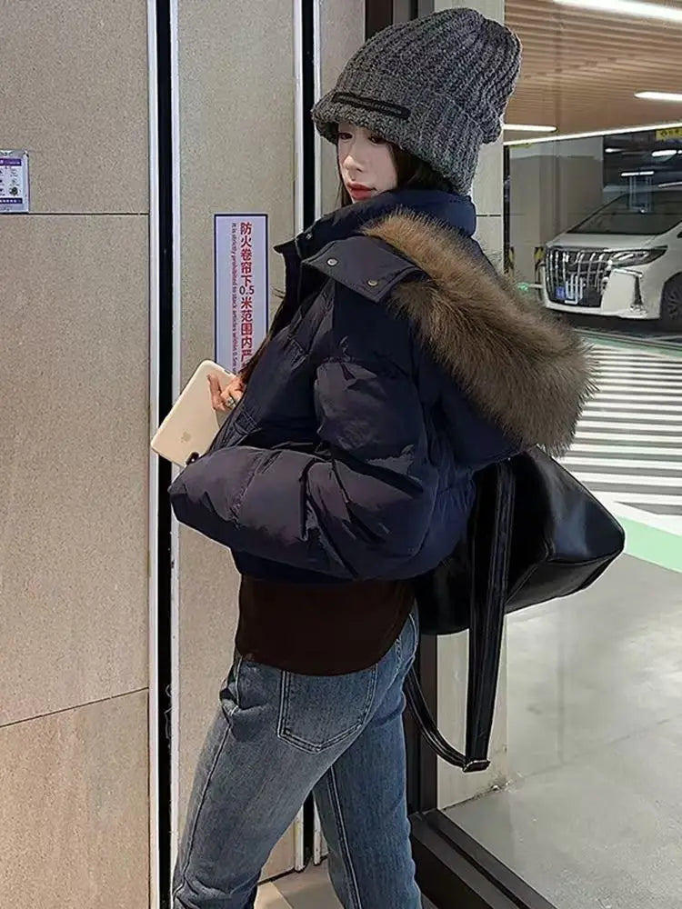 Winter Puffer Coat Women Fur Collar Hooded Cotton Padded Jacket