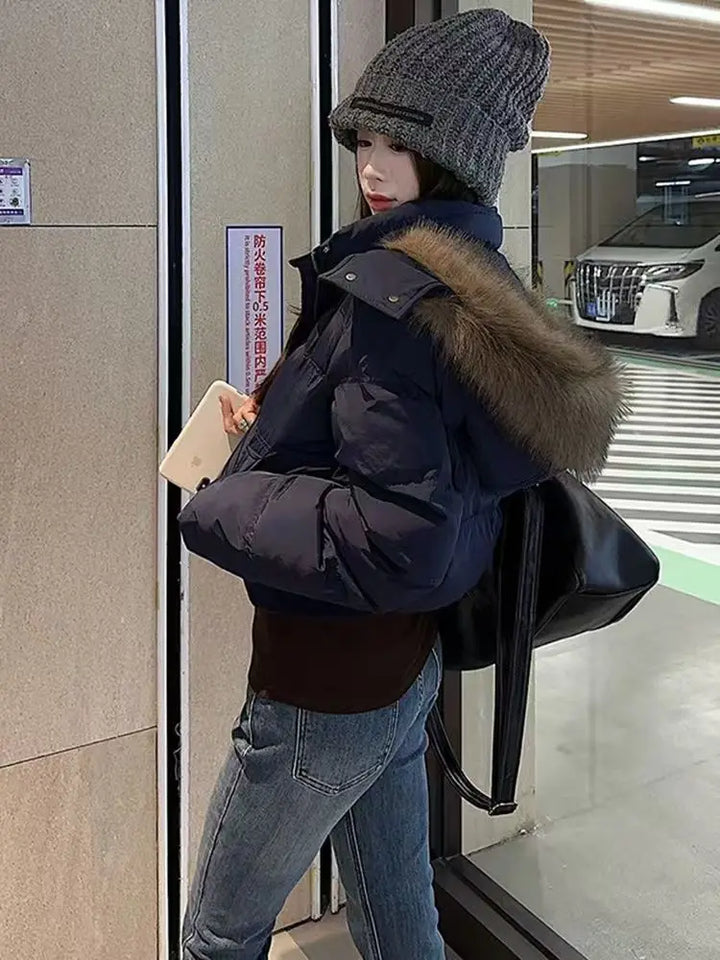 Winter Puffer Coat Women Fur Collar Hooded Cotton Padded Jacket