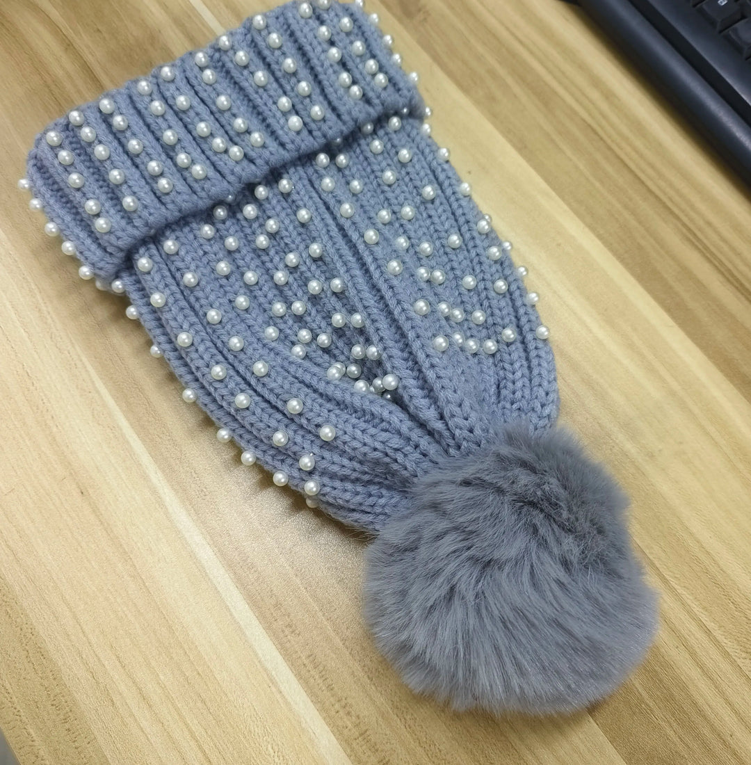 Pearl & Rhinestone Pom Pom Beanie-HighTouch