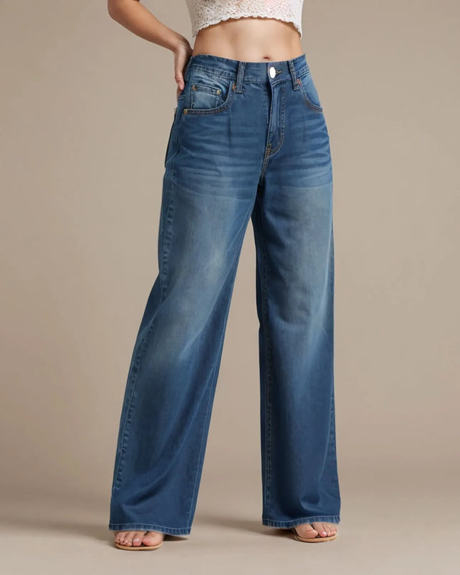High-Waist Blue Wash Wide-Leg Jeans for Women – Stretch Comfort, Baggy Style