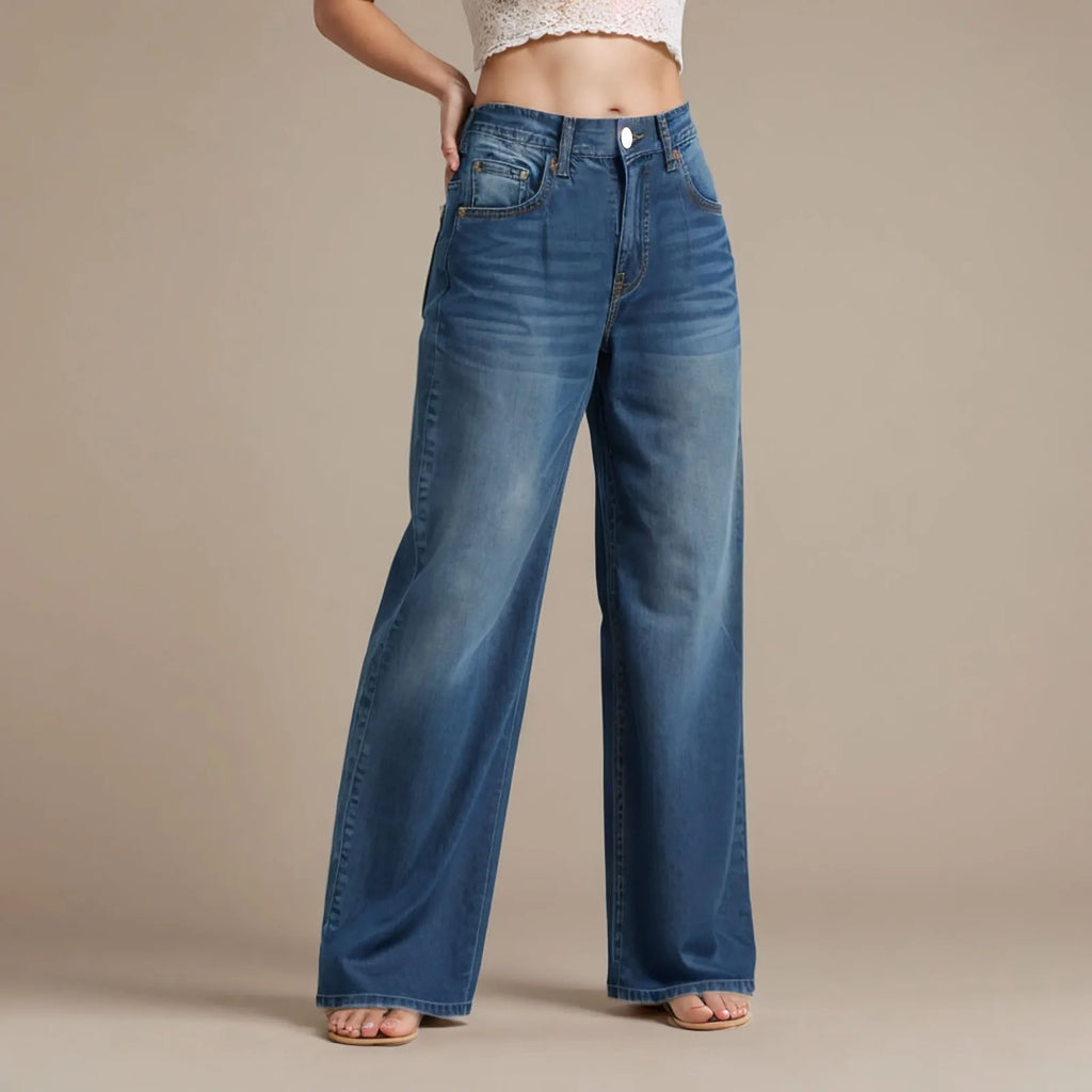 High-Waist Blue Wash Wide-Leg Jeans for Women – Stretch Comfort, Baggy Style-HighTouch
