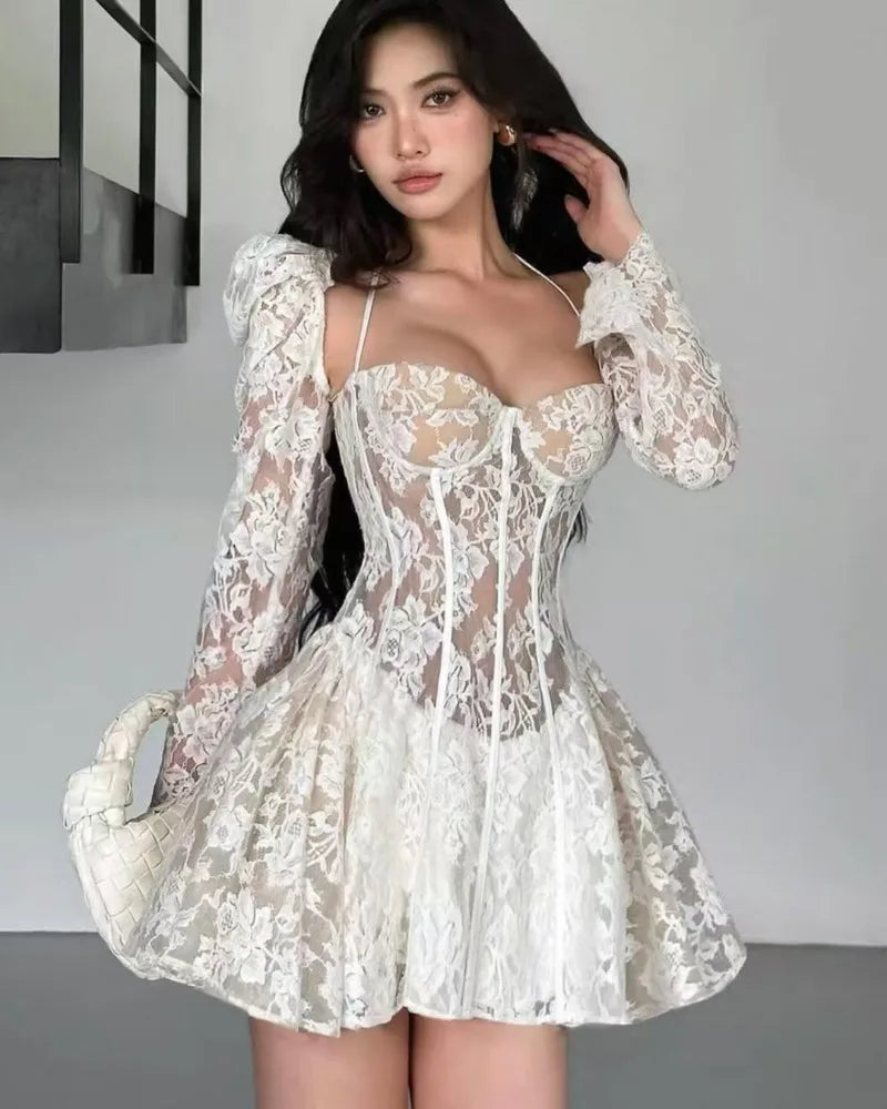 Y2K Lace Backless Strap Mini Dress Women-HighTouch