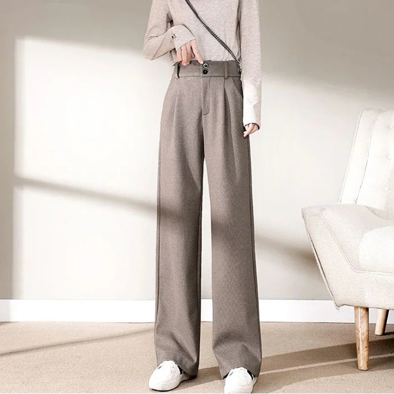 Women High Waist Wool Blend Straight Leg Trousers-HighTouch