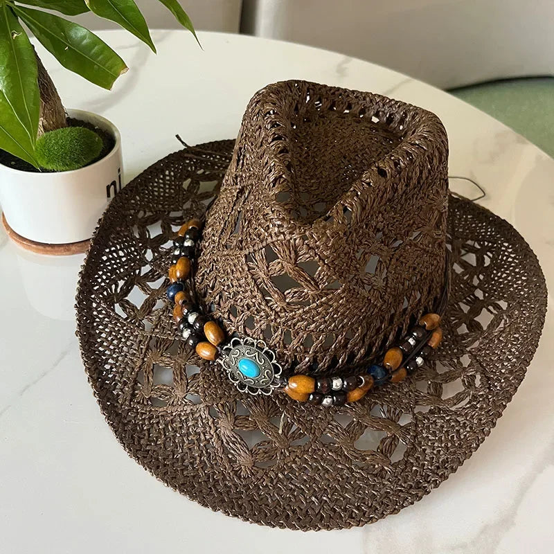 Bohemian Straw Cowboy Sun Hat – Wooden Beads