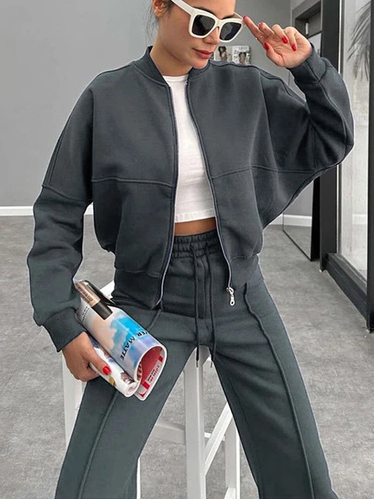 Women’s Matching Zipper Jacket & High-Waist Jogger Set-HighTouch