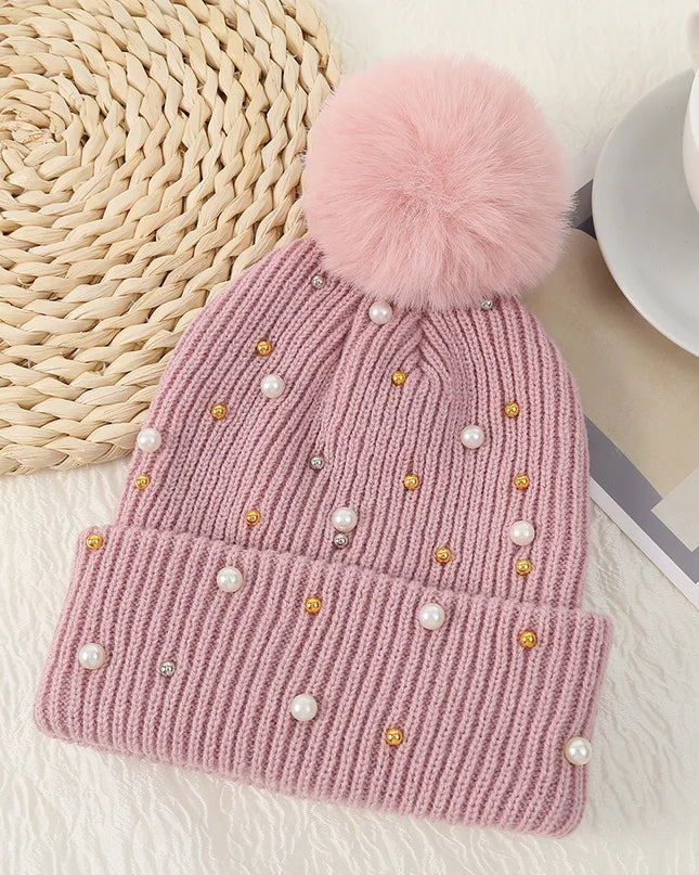 Pearl & Rhinestone Pom Pom Beanie