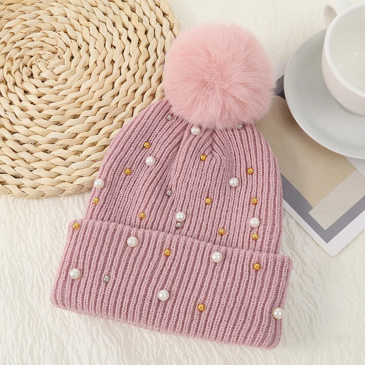 Pearl & Rhinestone Pom Pom Beanie-HighTouch