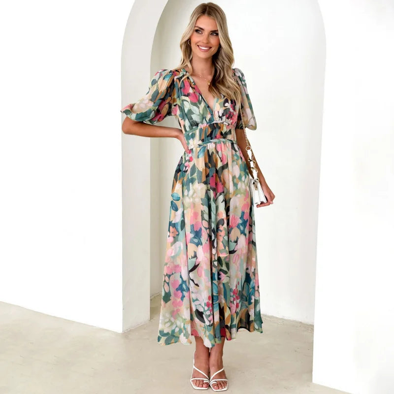 Boho Puff-Sleeve Maxi Dress – Printed, Waist-Trimming & Effortless Holiday Style
