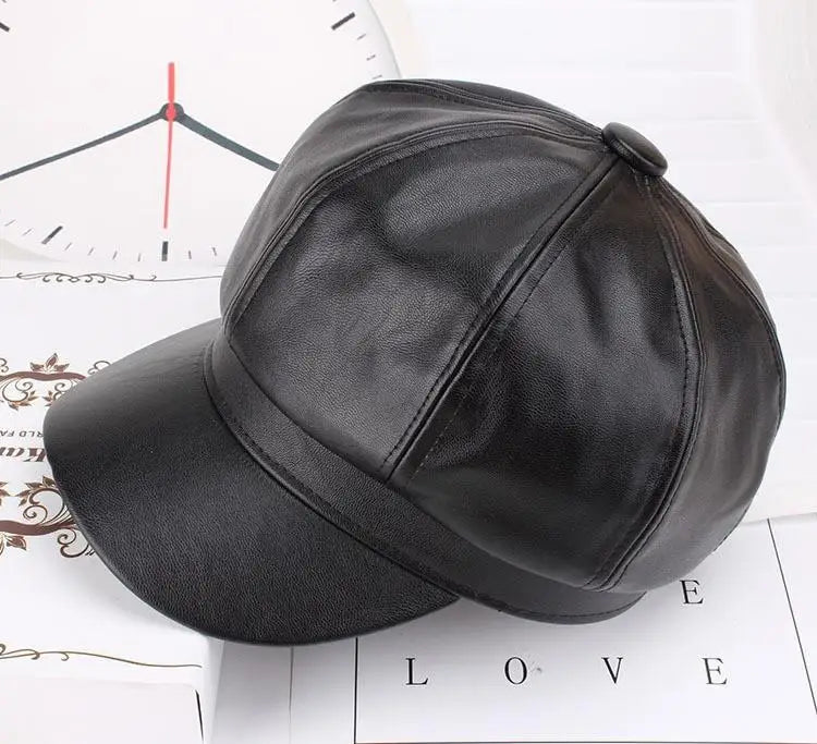 PU Leather Beret Hat All Season British Visor Baker Boy Cap