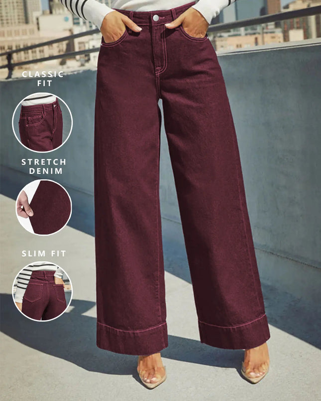 Burgundy High-Waist Wide-Leg Jeans Women