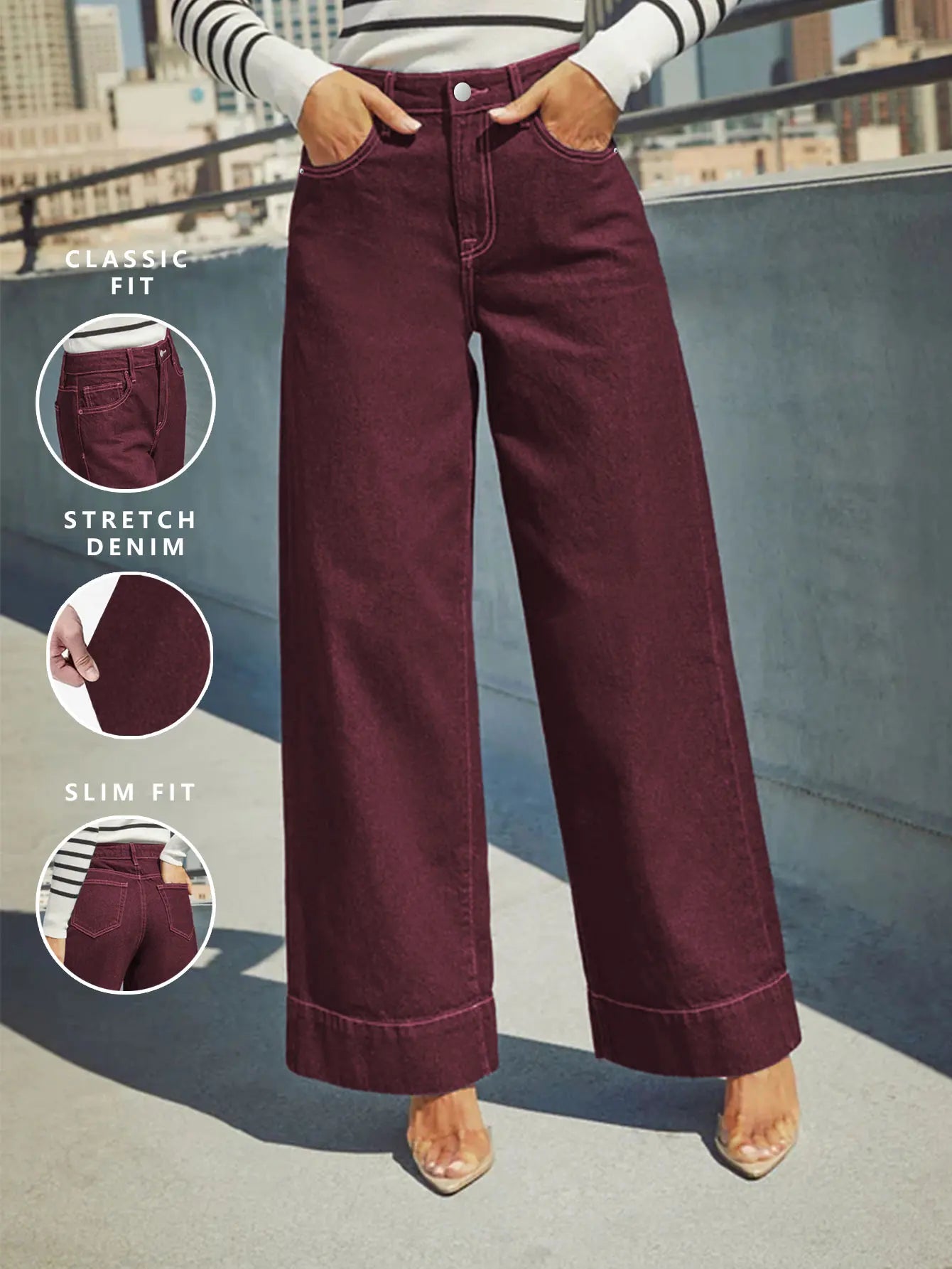 Burgundy High-Waist Wide-Leg Jeans Women