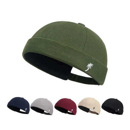 Vintage Washed Cotton Brimless Beanie Hat – Embroidered Coconut Tree (Unisex Adjustable)
