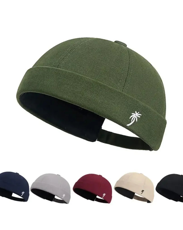 Vintage Washed Cotton Brimless Beanie Hat – Embroidered Coconut Tree (Unisex Adjustable)