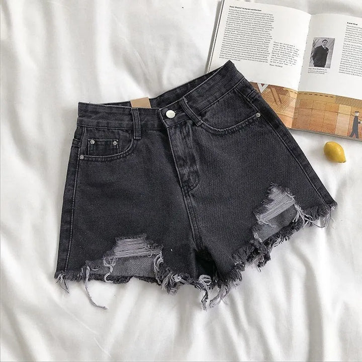 High‑Waist Tassel Ripped Denim Shorts – Y2K Streetwear Essentials-HighTouch