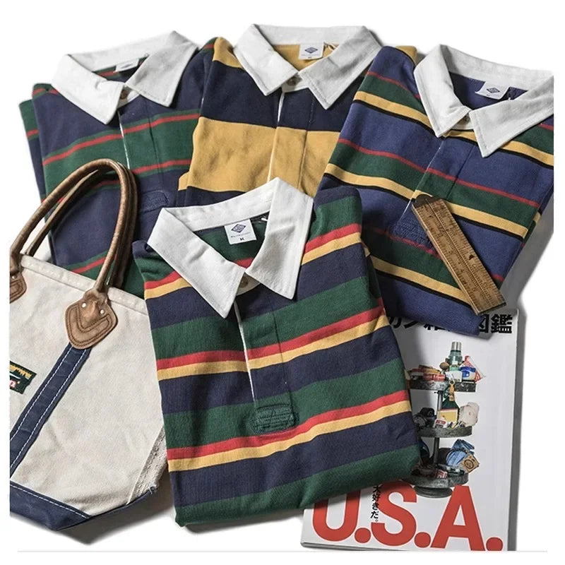 Non Stock Ivy League Fashion Striped Polo Shirt Retro Preppy Style Men's Long-Sleeve Tee-HighTouch