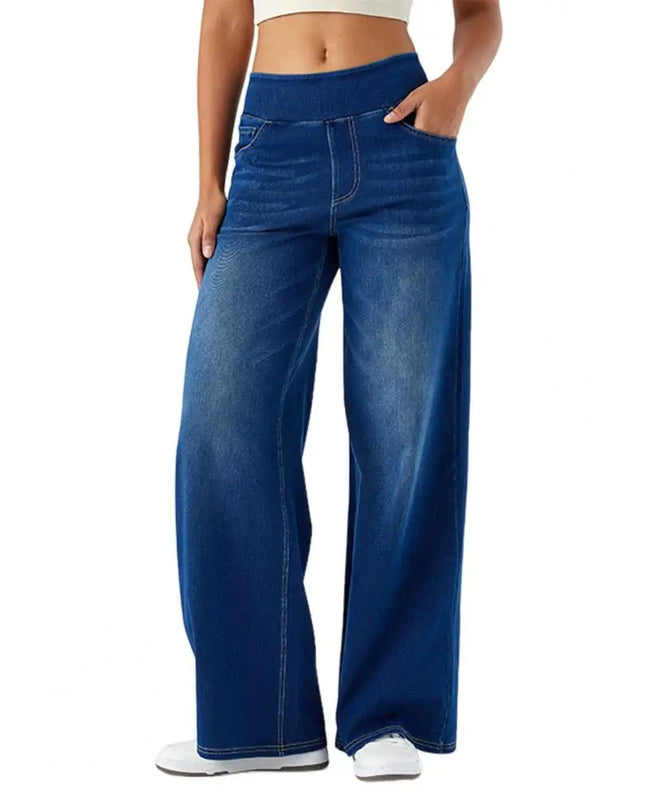 High-Waist Full-Length Solid Colour Jeans – Straight-Wide Leg with Elastic Waist & Pockets