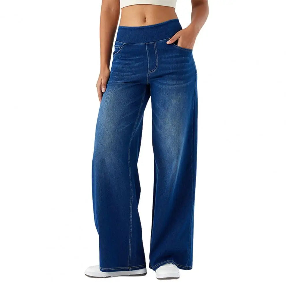 High-Waist Full-Length Solid Colour Jeans – Straight-Wide Leg with Elastic Waist & Pockets-HighTouch