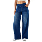 High-Waist Full-Length Solid Colour Jeans – Straight-Wide Leg with Elastic Waist & Pockets-HighTouch