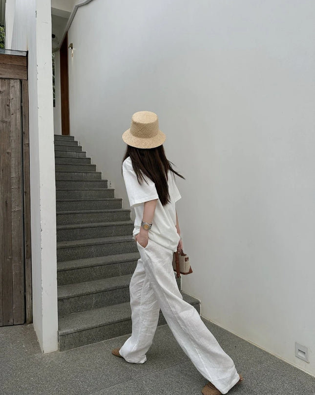 Women's White High-Waisted Wide-Leg Casual Pants – Lightweight & Comfortable