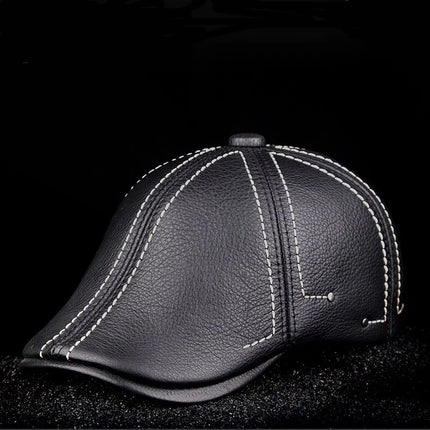 Authentic Cowhide Leather Beret – Men’s Striped Black Real Leather Cap
