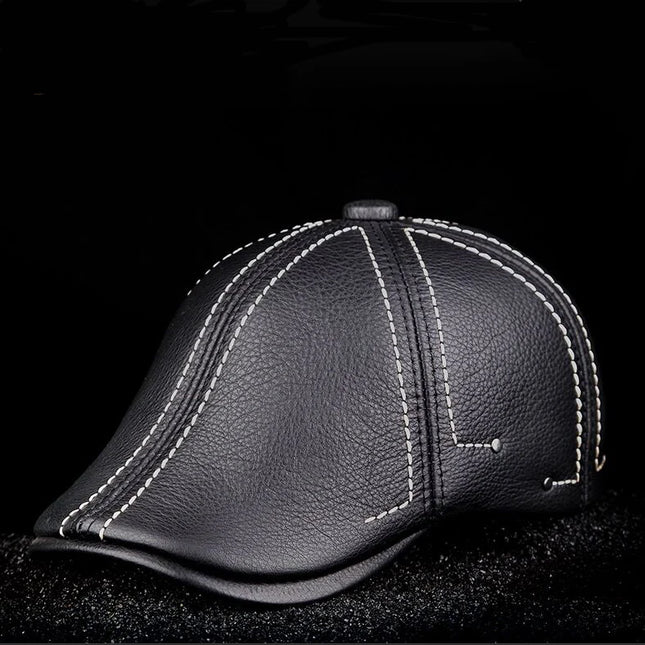 Authentic Cowhide Leather Beret – Men’s Striped Black Real Leather Cap