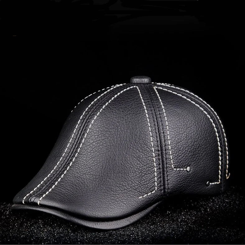 Authentic Cowhide Leather Beret – Men’s Striped Black Real Leather Cap-HighTouch
