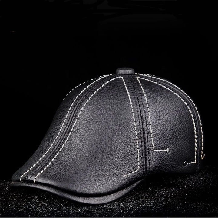 Authentic Cowhide Leather Beret – Men’s Striped Black Real Leather Cap-HighTouch