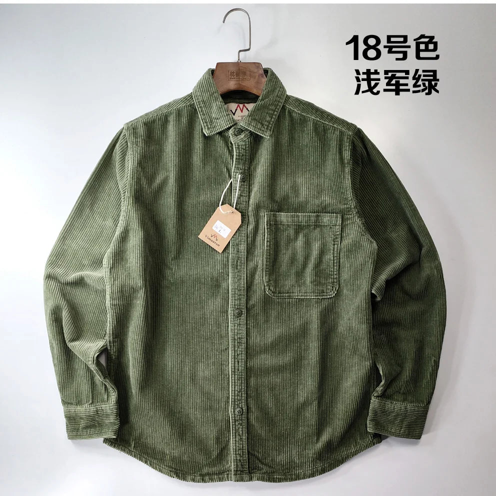 Vintage Retro Corduroy Button-Down Shirt Men –  Cotton Long Sleeve