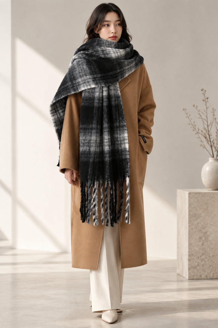 Retro Mohair Plaid Tassel Scarf Thick Winter Long Shawl