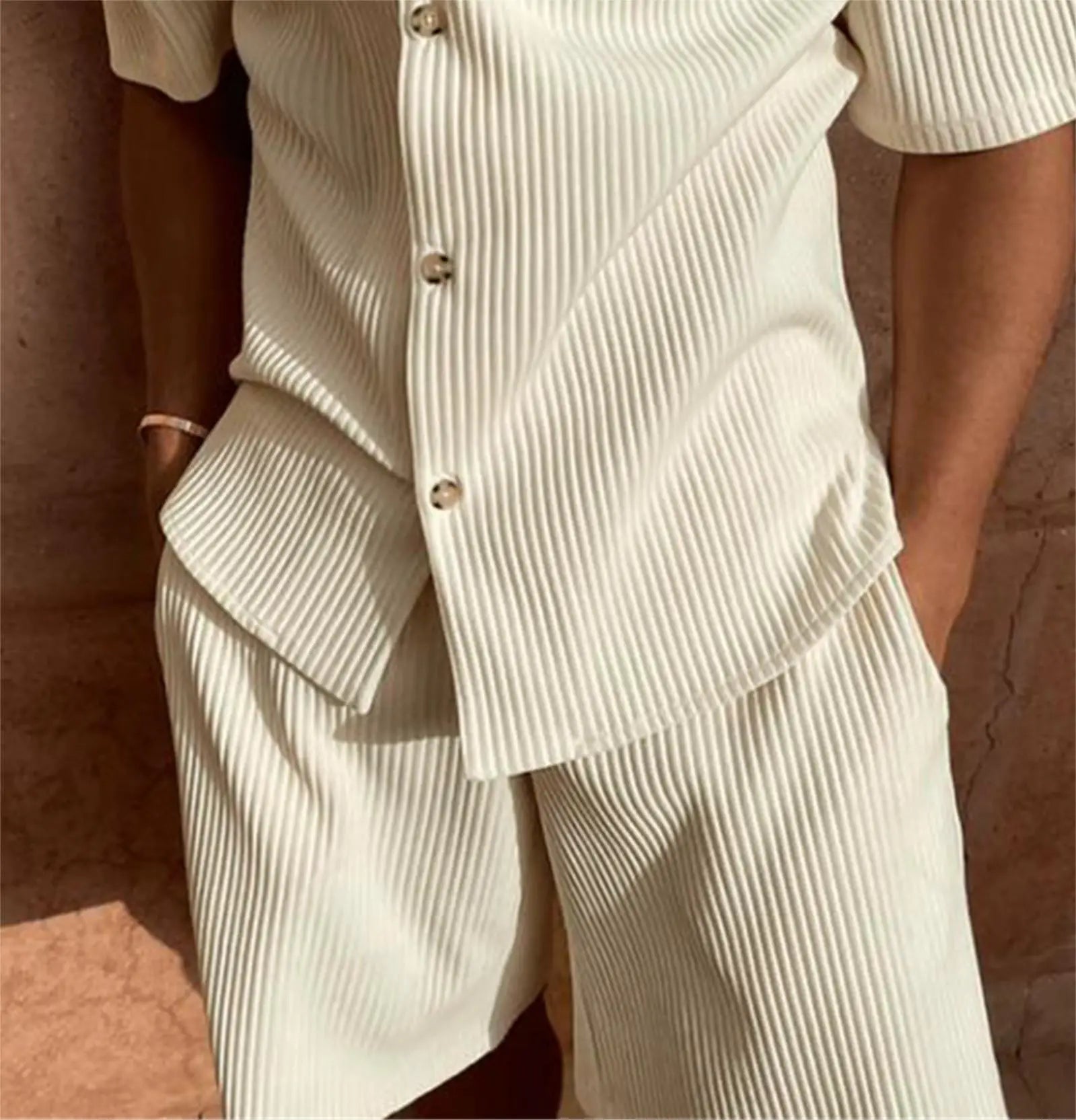 Completo da Spiaggia Casual da Uomo in Velluto a Coste – Camicia a Maniche Corte e Pantaloncini