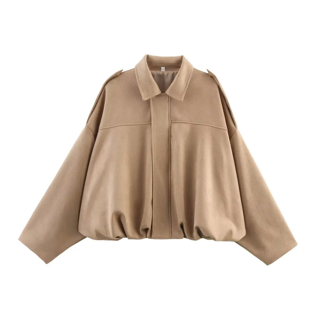 Women Oversized Suede Bomber Jacket Casual Zip Up-HighTouch