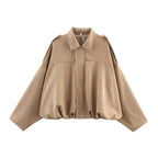 Women Oversized Suede Bomber Jacket Casual Zip Up-HighTouch