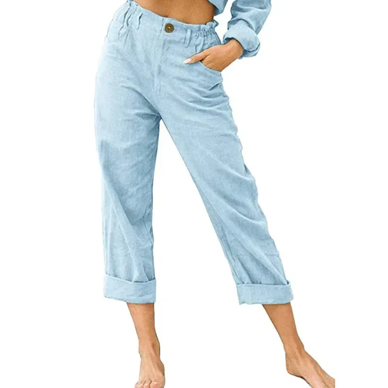 Spring Cotton-Linen Women’s Loose Button Pockets Pants – Elegant & Breathable-HighTouch