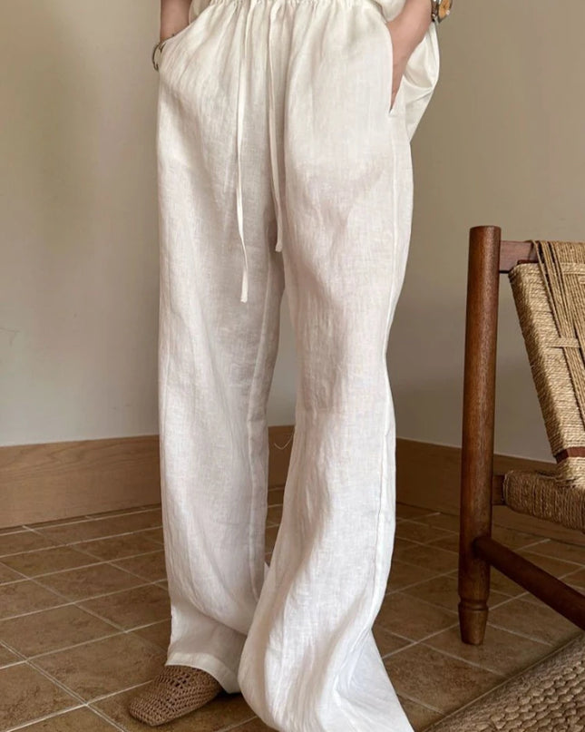 Women's White High-Waisted Wide-Leg Casual Pants – Lightweight & Comfortable