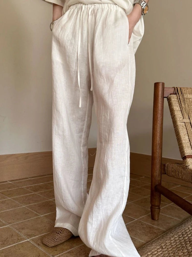 Women's White High-Waisted Wide-Leg Casual Pants – Lightweight & Comfortable