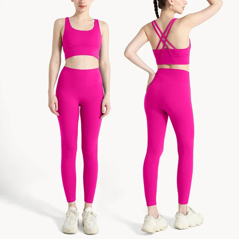 Summer New 2 Piece Yoga Clothes Women's Tracksuit Athletic Cross Back Nylon Yoga Top Women Sports Bra Leggings Pilates Fitness-HighTouch