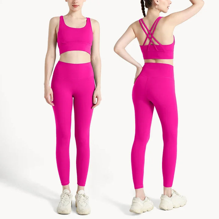 Summer New 2 Piece Yoga Clothes Women's Tracksuit Athletic Cross Back Nylon Yoga Top Women Sports Bra Leggings Pilates Fitness-HighTouch