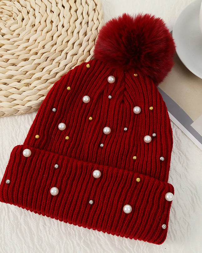 Pearl & Rhinestone Pom Pom Beanie