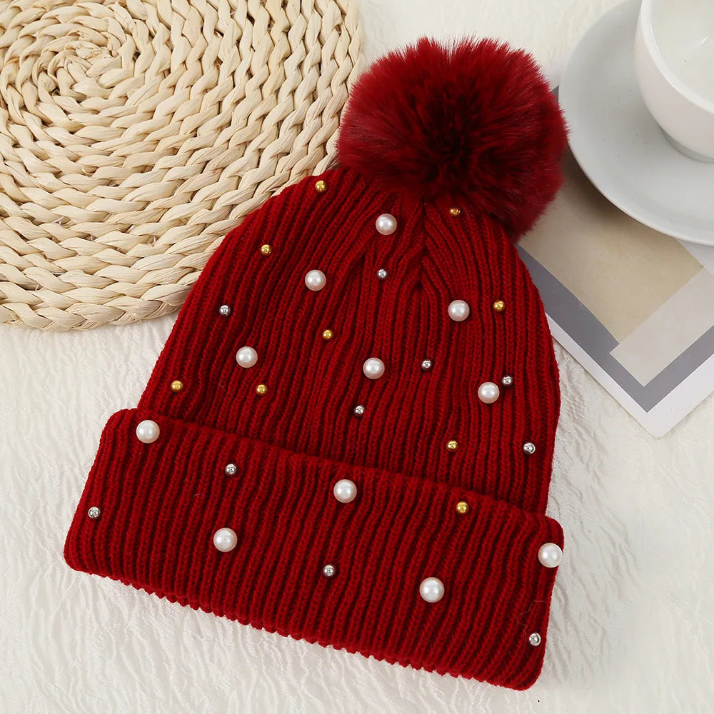 Pearl & Rhinestone Pom Pom Beanie-HighTouch