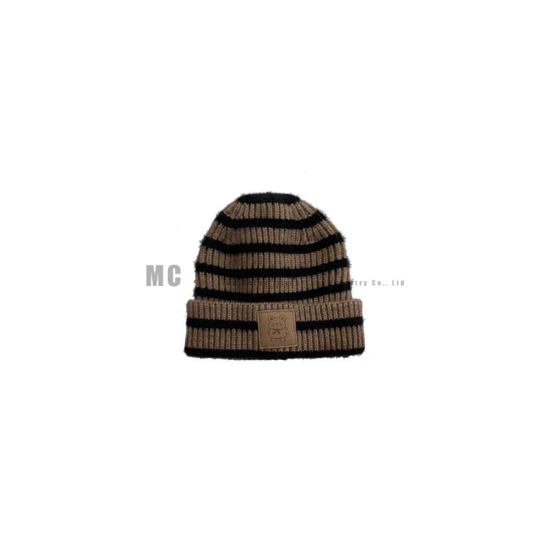 2025 Autumn/Winter Multi-Functional Solid Color Knitted Hat with Warm Hood and Striped Design