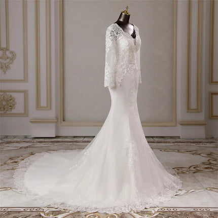 Custom Long‑Sleeve Mermaid Wedding Dress with Lace Appliqués