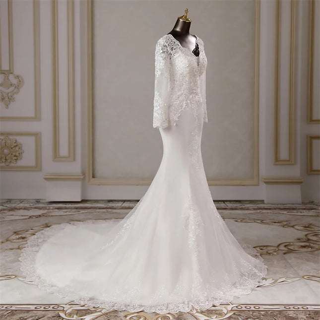 Custom Long‑Sleeve Mermaid Wedding Dress with Lace Appliqués