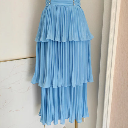 Elegant Diamond Pleated A-Line Evening Dress – Sleeveless V-Neck Gown