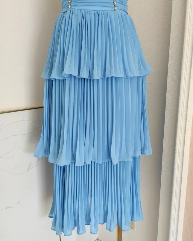 Elegant Diamond Pleated A-Line Evening Dress – Sleeveless V-Neck Gown