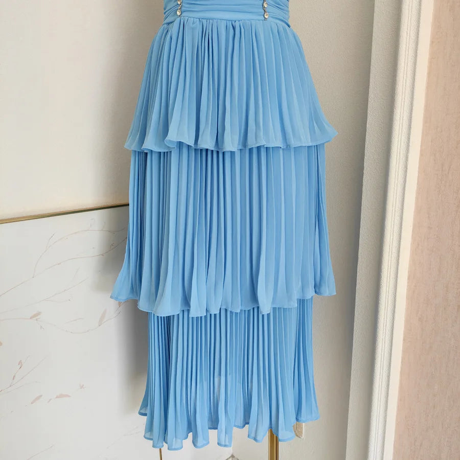 Elegant Diamond Pleated A-Line Evening Dress – Sleeveless V-Neck Gown-HighTouch